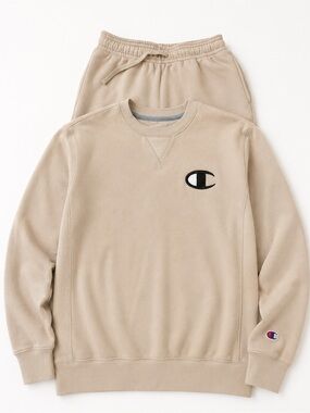 Champion Sand Crewneck Sweatshirt/ sweatpants with Embroidered C Logo